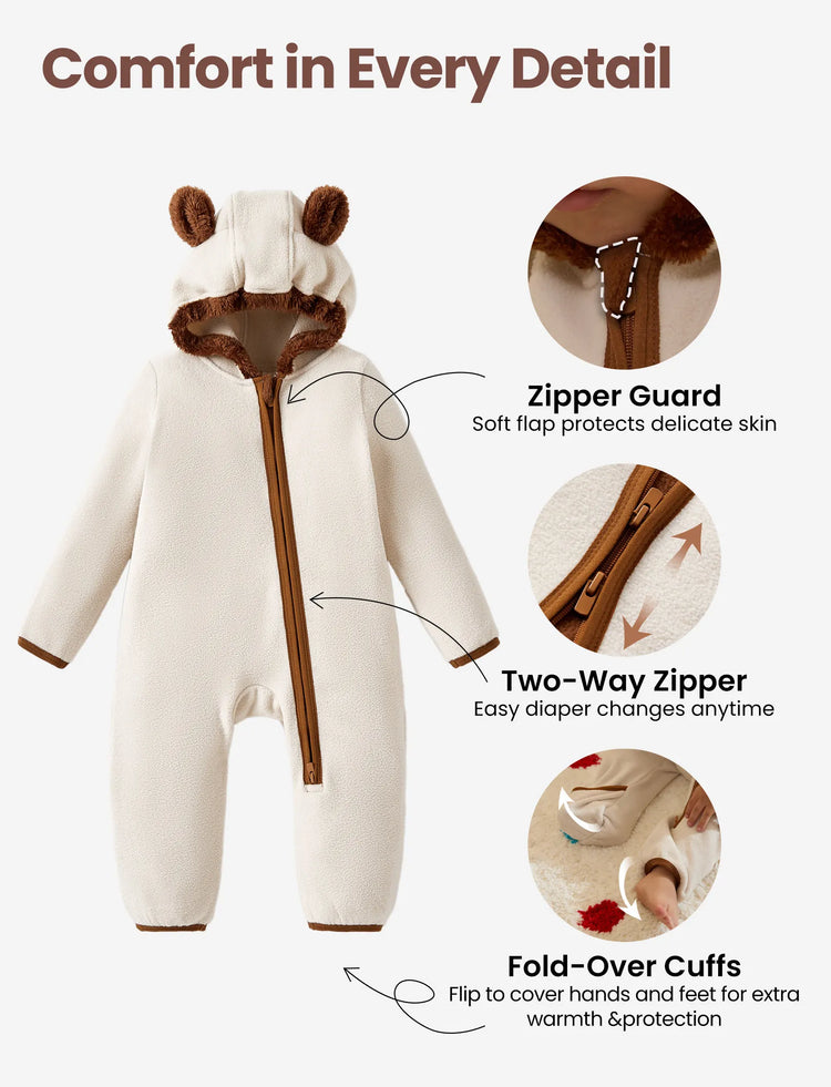 Unisex Jumpsuit 3D Hyper-Tactile Infant Outfit 2-way Onesies with Animal Pattern Apricot