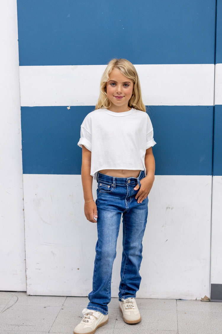 Jean en denim à taille élastique pour enfant, pantalon extensible et confortable au quotidien avec poches, bleu