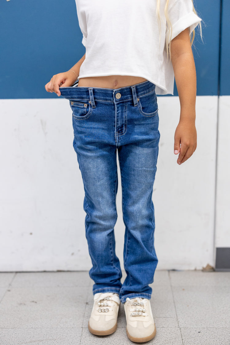 Jean en denim à taille élastique pour enfant, pantalon extensible et confortable au quotidien avec poches, bleu