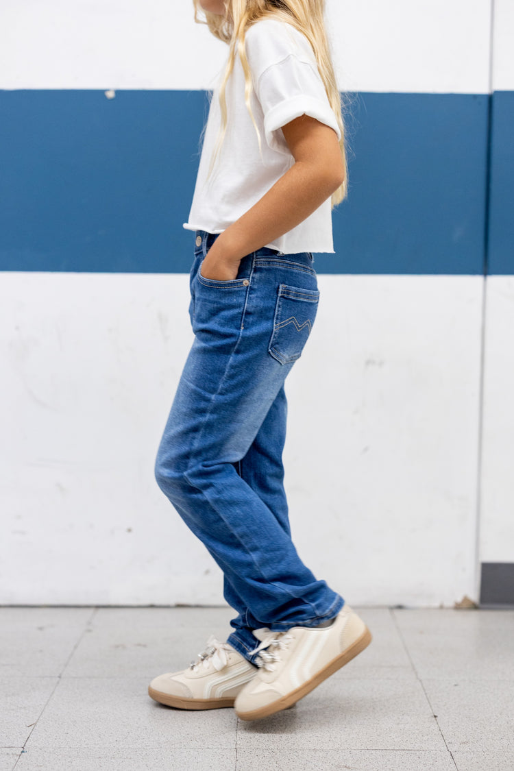 Jean en denim à taille élastique pour enfant, pantalon extensible et confortable au quotidien avec poches, bleu