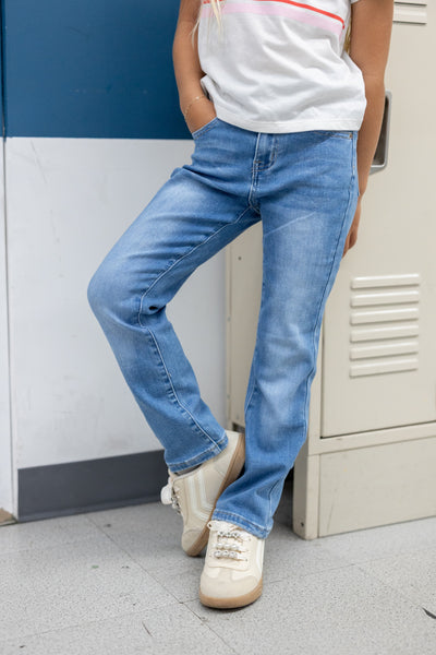 Kids Pull On Elastic Waist Denim Jeans Soft Stretch Comfortable Everyday Pants with Pockets Light Blue