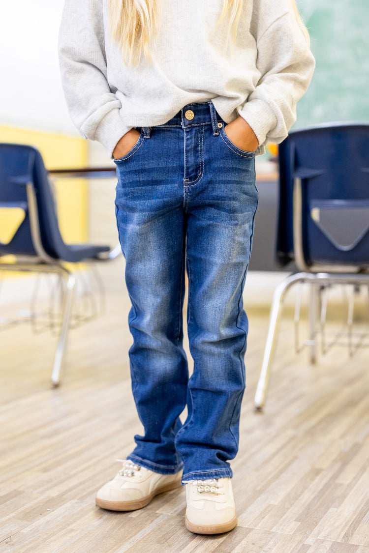 Jean en denim à taille élastique pour enfant, pantalon extensible doux et confortable avec poches, bleu foncé