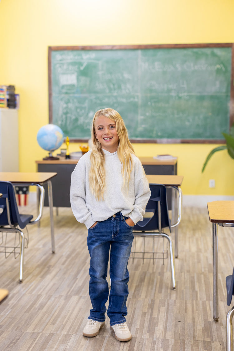 Jean en denim à taille élastique pour enfant, pantalon extensible doux et confortable avec poches, bleu foncé