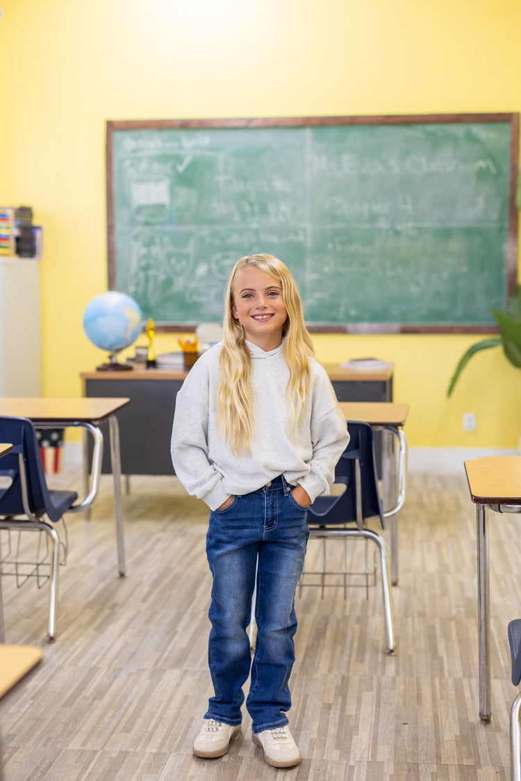 Jean en denim à taille élastique pour enfant, pantalon extensible doux et confortable avec poches, bleu foncé