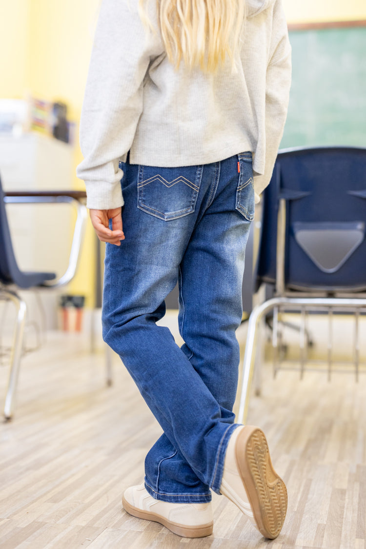 Jean en denim à taille élastique pour enfant, pantalon extensible doux et confortable avec poches, bleu foncé