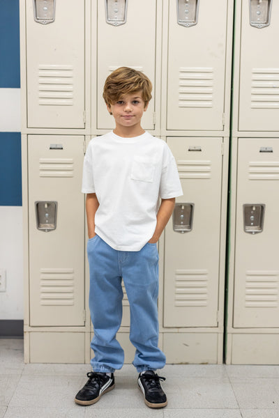 Pantalon en jean pour enfant, taille élastique, doux, extensible, confortable, avec poches, bleu clair