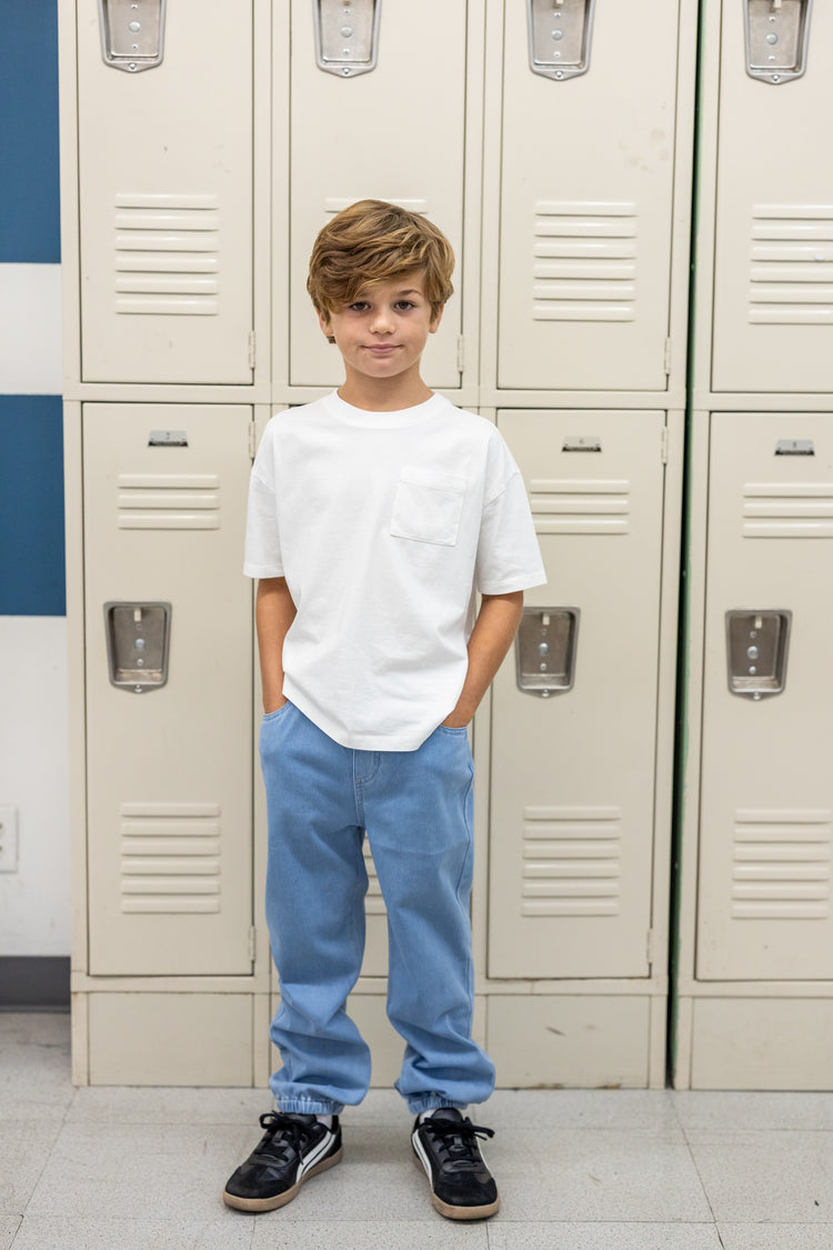 Pantalon en jean pour enfant, taille élastique, doux, extensible, confortable, avec poches, bleu clair