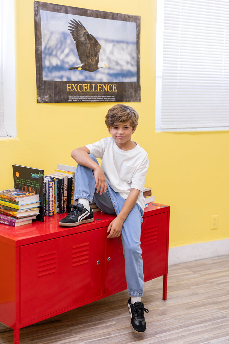 Pantalon en jean pour enfant, taille élastique, doux, extensible, confortable, avec poches, bleu clair