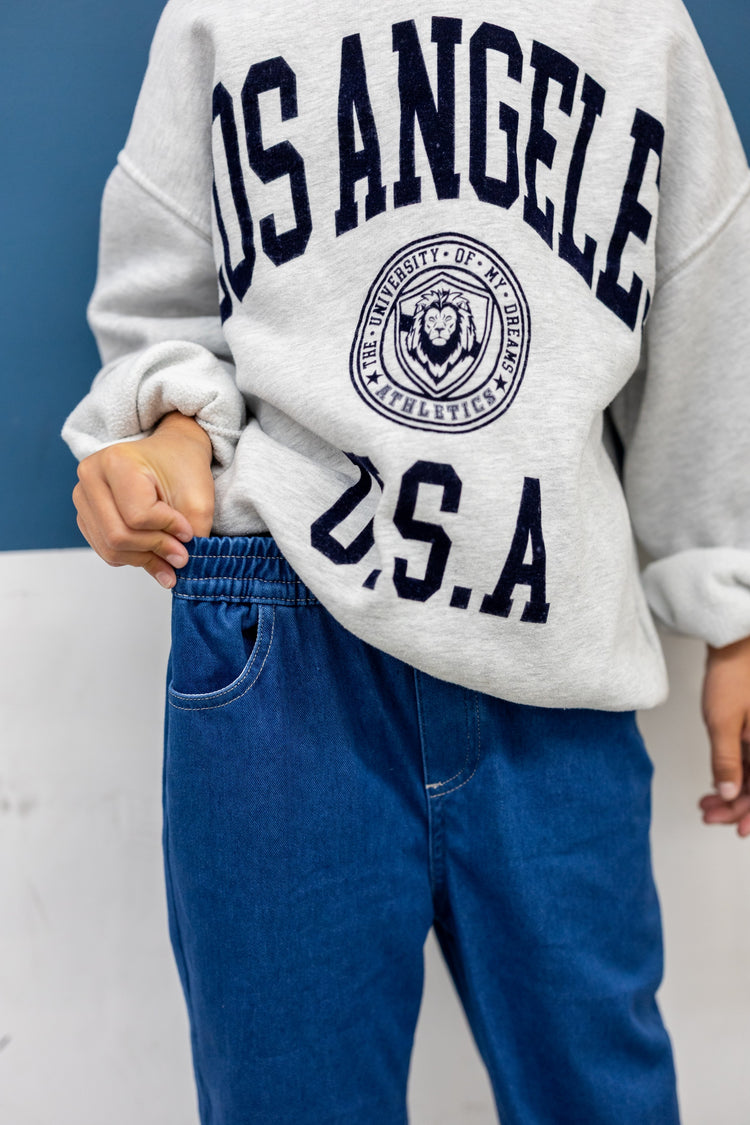 Pantalon en jean pour enfant, taille élastique, doux, extensible, confortable, avec poches, bleu foncé