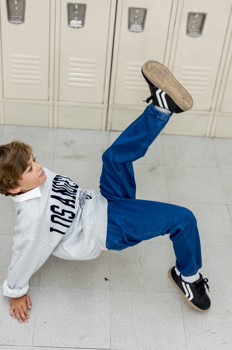 Pantalon en jean pour enfant, taille élastique, doux, extensible, confortable, avec poches, bleu foncé