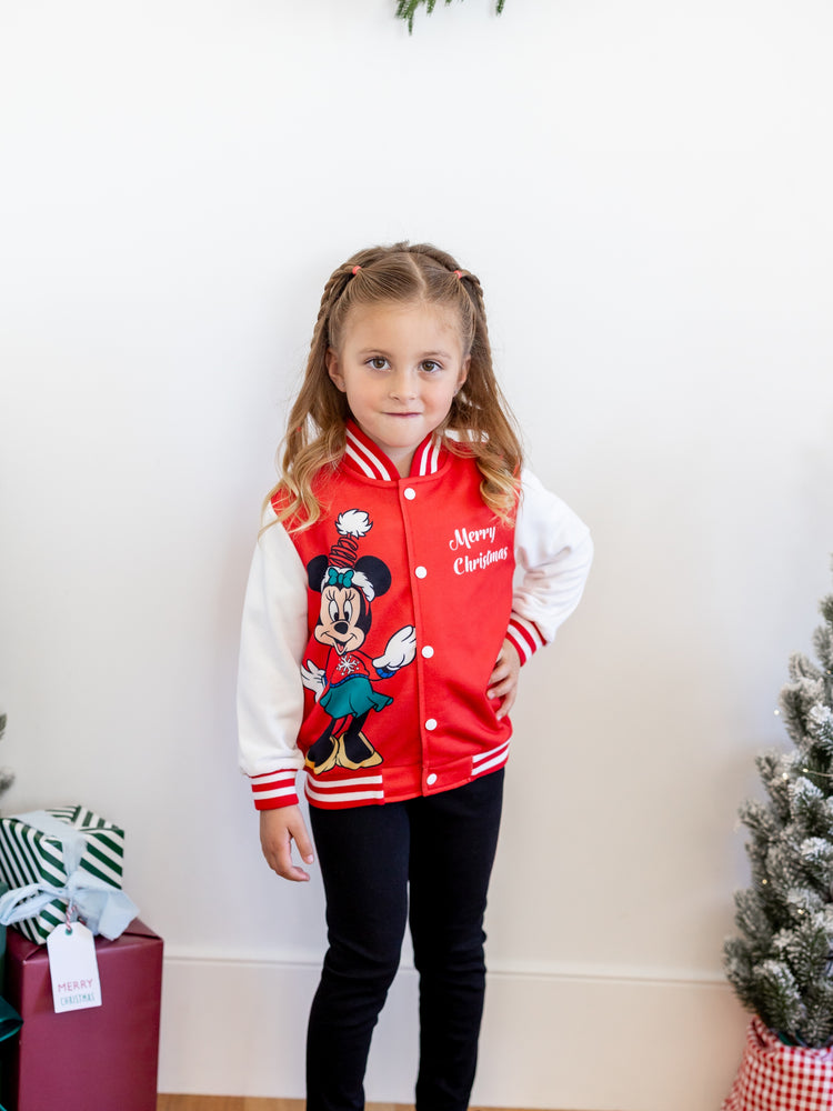 Disney Mickey and Friends Toddler/Kids Girl Minnie Mouse Christmas Colorblock Bomber Jacket Red