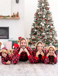 Christmas Matching Family Pajamas Set 3D Reindeer Hooded Allover Plaid Print Red Onesie PJS with Christmas Socks Red