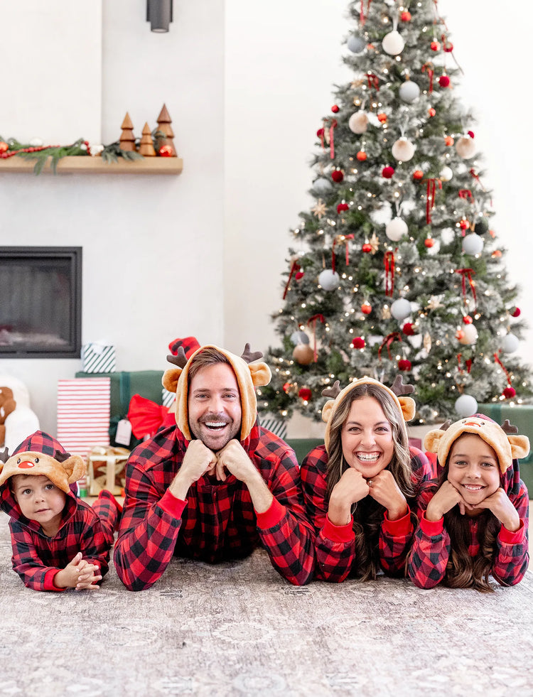 Christmas Matching Family Pajamas Set 3D Reindeer Hooded Allover Plaid Print Red Onesie PJS with Christmas Socks Red