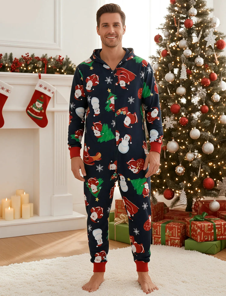 Green Christmas Family Pajamas Sets 3D Reindeer Hooded Santa Allover Print Onesies Pajamas blueblack