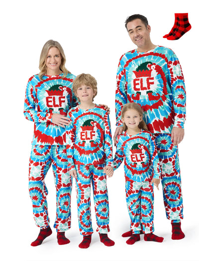 Christmas Matching Family Pajamas Set Christmas ELF Print Tie Dye Long-sleeve PJS with Christmas Socks Multi-color
