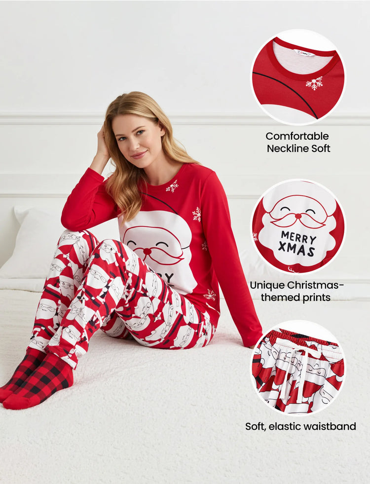 Pijama familiar navideño a juego con estampado gráfico de Papá Noel grande en la parte delantera y trasera, con bolsillos y cordón, color rojo 2