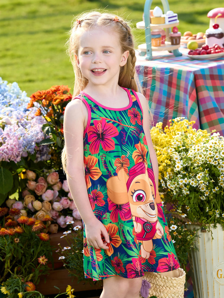 PAW Patrol Toddlers Girl 1pc Skye Tropical Plant Sleeveless Dresse Hot Pink