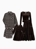 Velvet & Plaid Matching Family Outfits Dad/Son Shirts & Mom/Daughter Velvet Dresses Sets Dark Brown