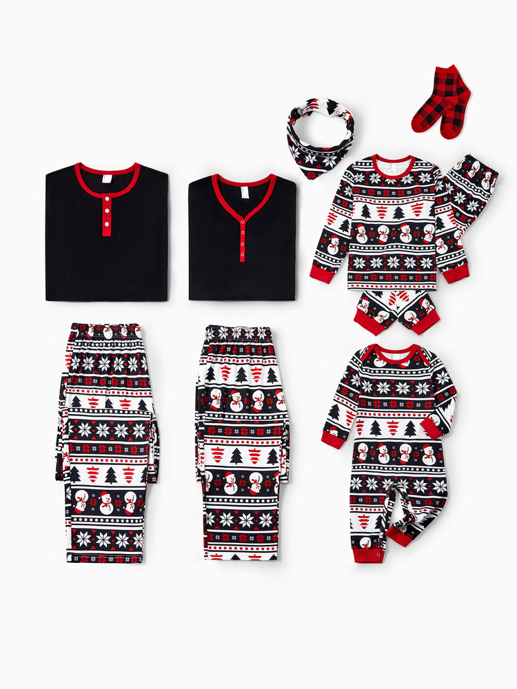 Ensemble pyjama de Noël assorti pour toute la famille, imprimé bonhomme de neige et sapin de Noël, noir, avec chaussettes de Noël noires