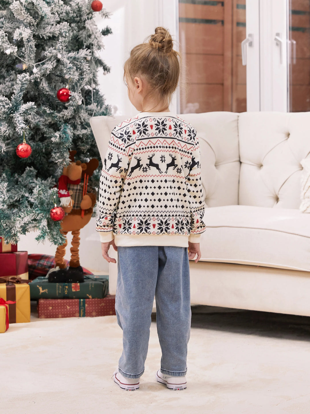 Sweat-shirt de Noël à manches longues et grand motif renne beige
