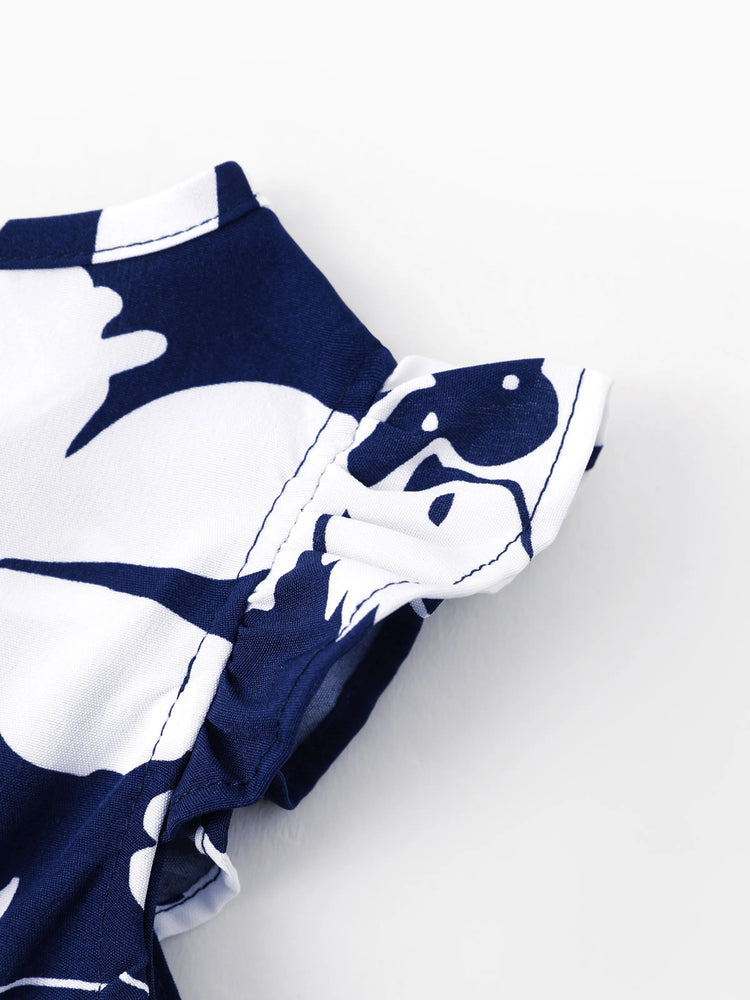 Ensemble familial assorti avec chemise à manches courtes ou robe froncée à imprimé feuilles bleu