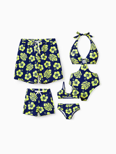 Family Matching Tropical Floral Swimsuits Halter Bikini & Swim Trunks Set Deep Blue
