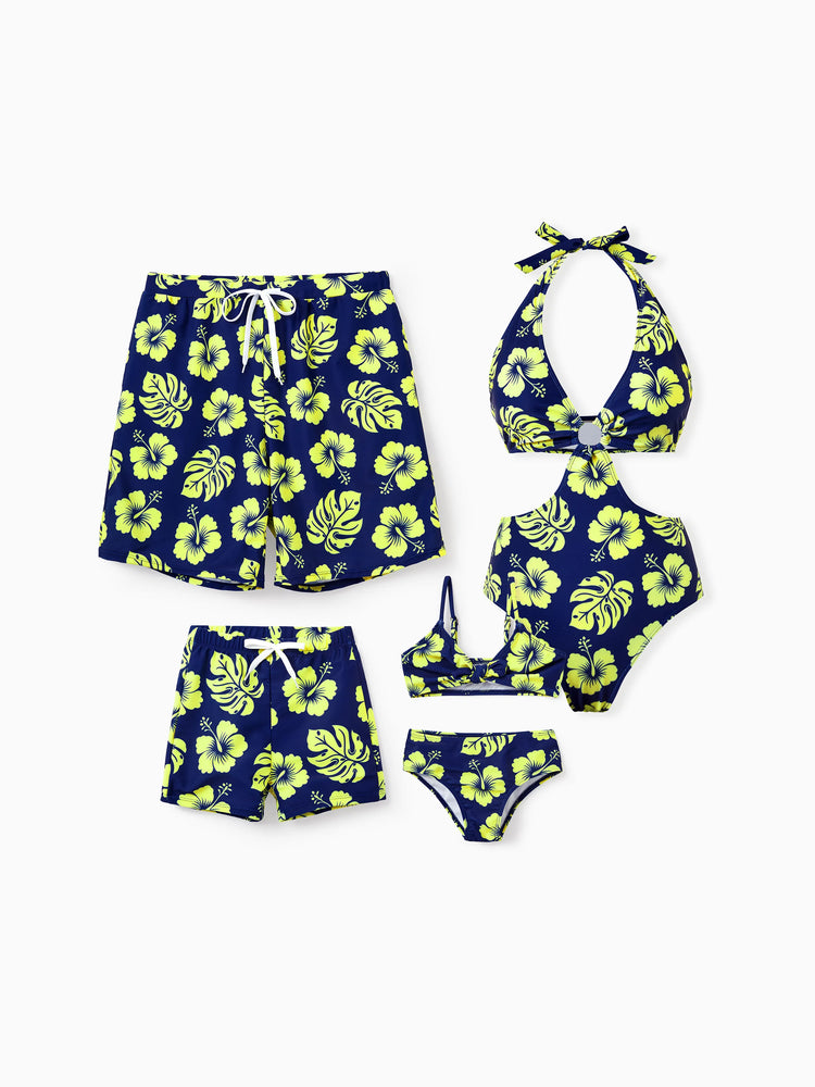 Daddy & Son Tropical Floral Swimsuits Halter Bikini & Swim Trunks Set Deep Blue