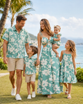 Family Matching Leaf Print Green Short-sleeve Shirt or Sling Shirred Dress Set Green