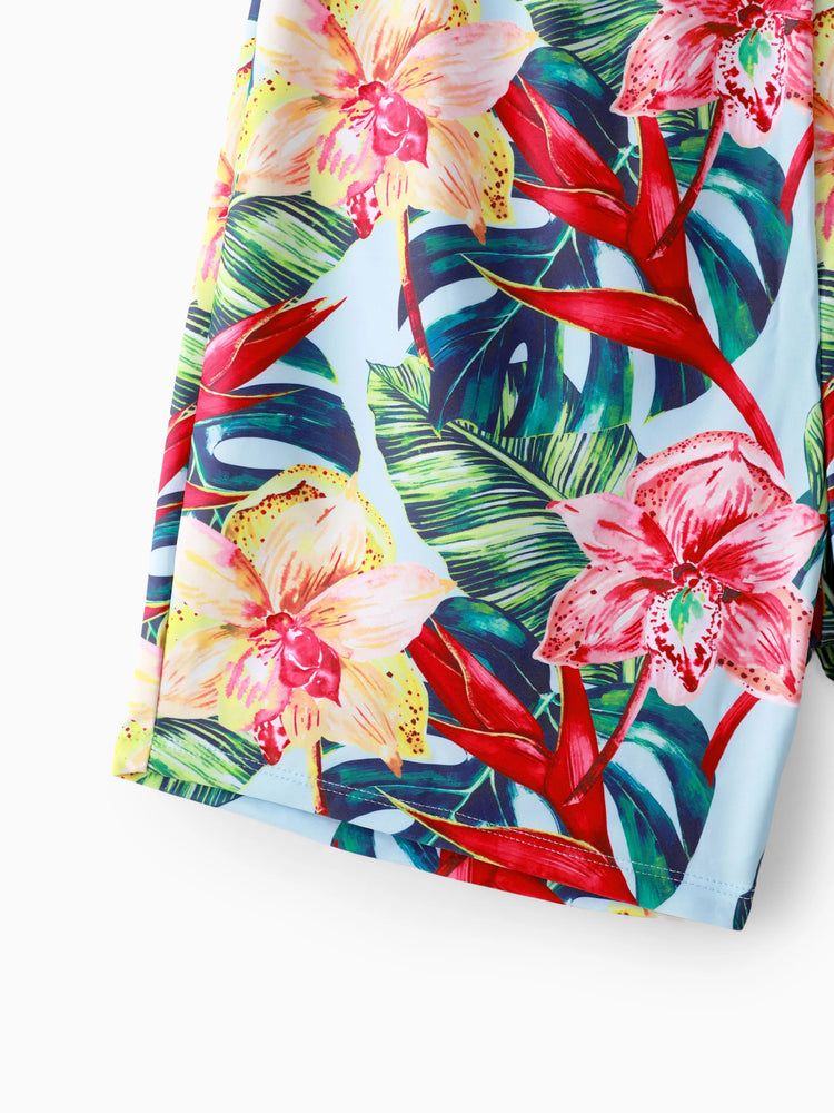 Family Matching Floral Drawstring Swim Trunks or Ruched Shell Edge Bikini with Optional Swim Cover Up Red