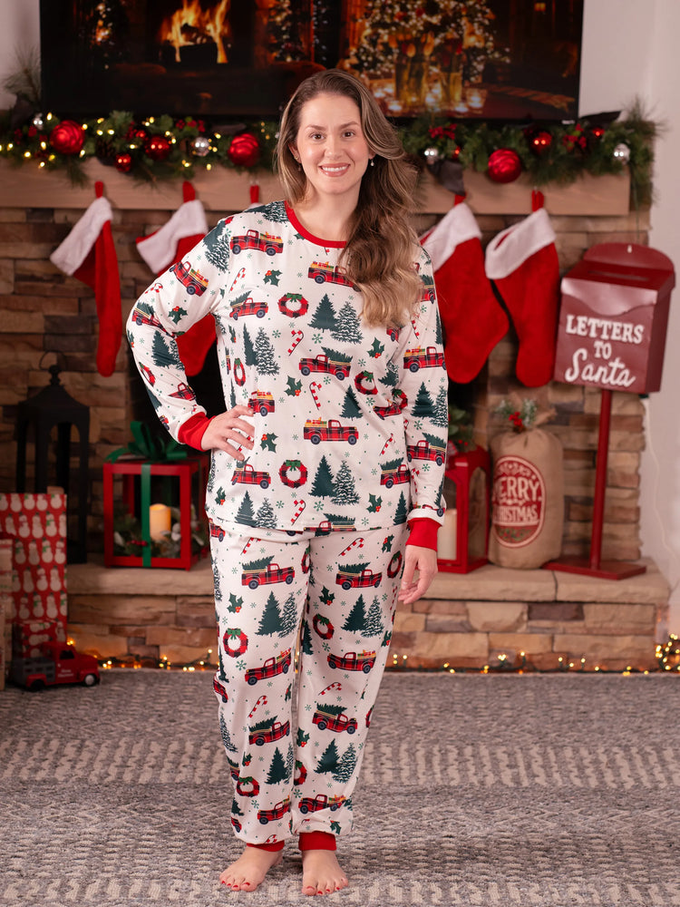 Ensemble pyjama de Noël à manches longues et imprimé arbre de Noël et voiture, multicolore