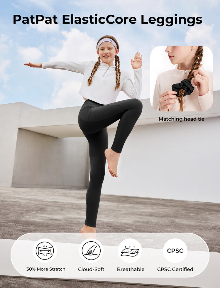 Leggings de yoga taille haute pour fille, couleur unie, avec chouchou assorti offert, noir