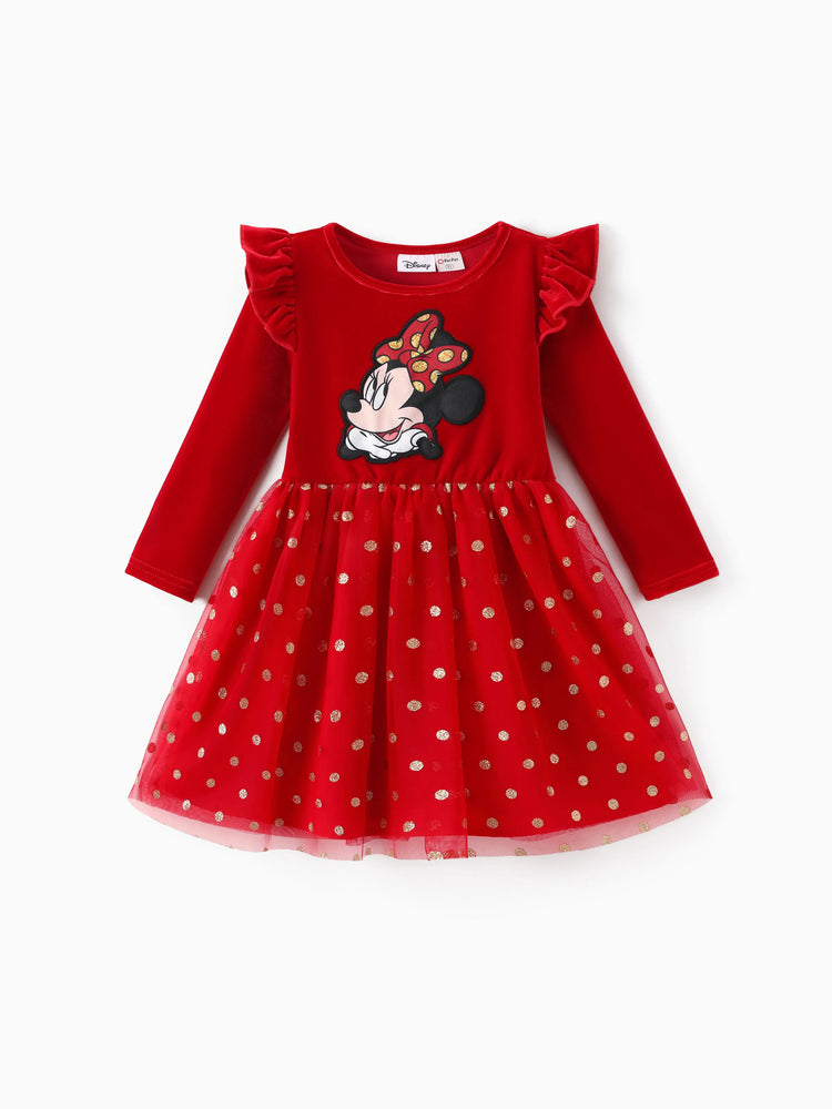 Robe de Noël Minnie Mouse à volants et pois en maille rouge pour petite fille Disney Mickey et ses amis