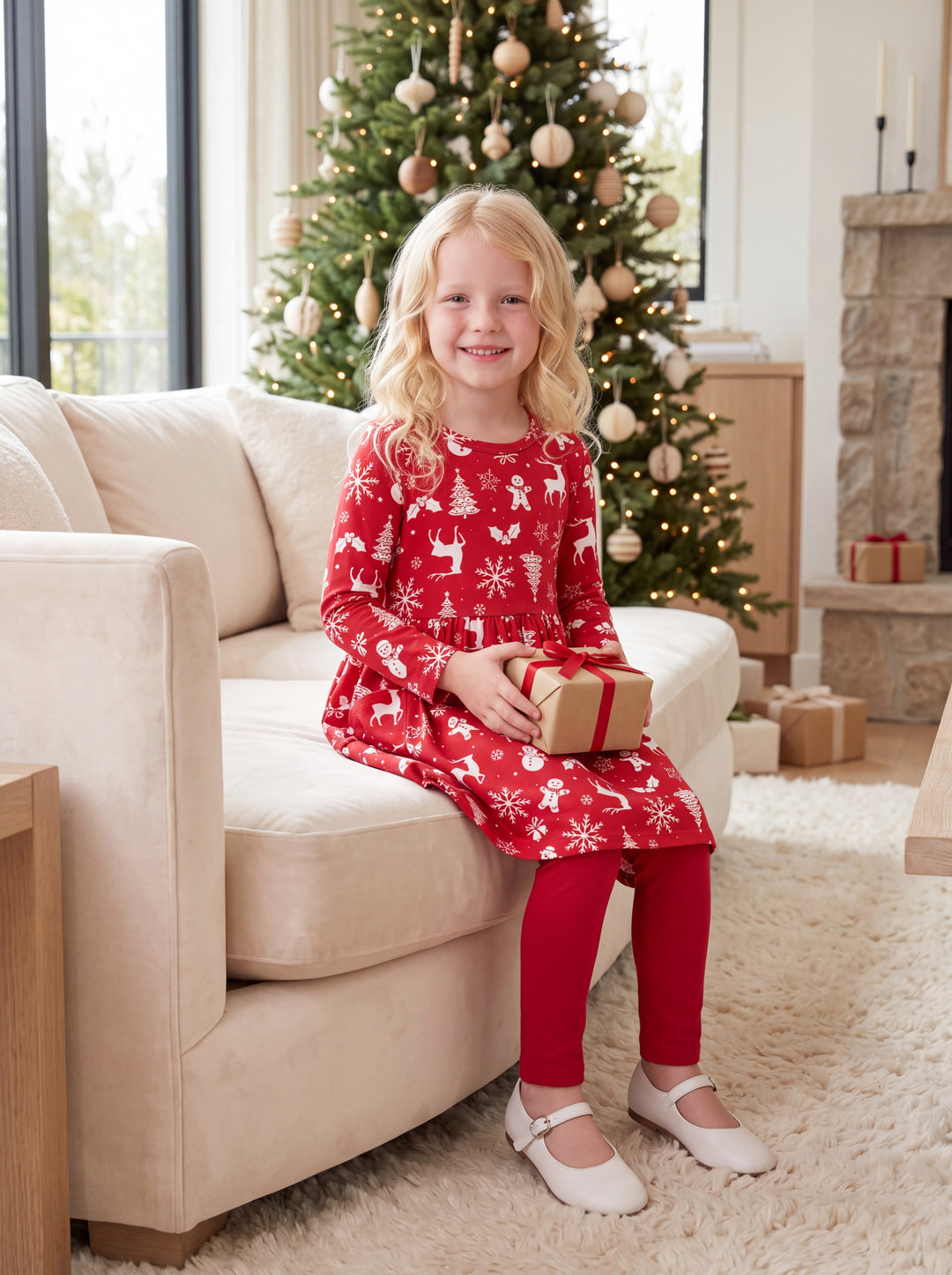 Christmas Toddler Girl Long Sleeve Dress & Leggings Set Red