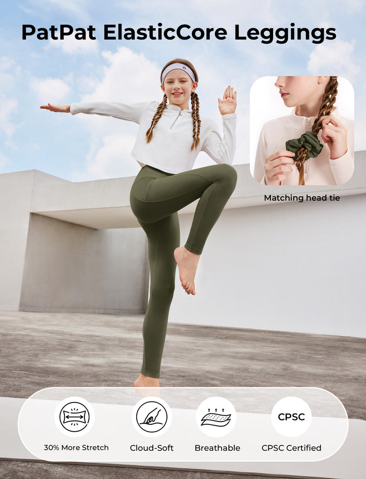 Girl's Leggings High-Waist Yoga Pants Solid Color Leggings with Complimentary Matching Scrunchie Army green