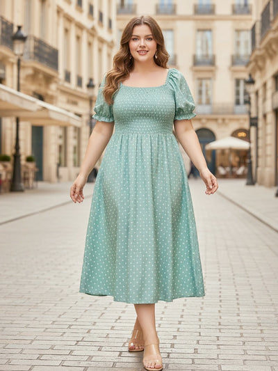 Family Matching T-Shirt & Dress Set Polka Dot Puff-sleeve Dress for Mom, Daughter & Baby, Color Block Cotton Tee for Dad & Son, Perfect for Family Outings & Photos Light Green