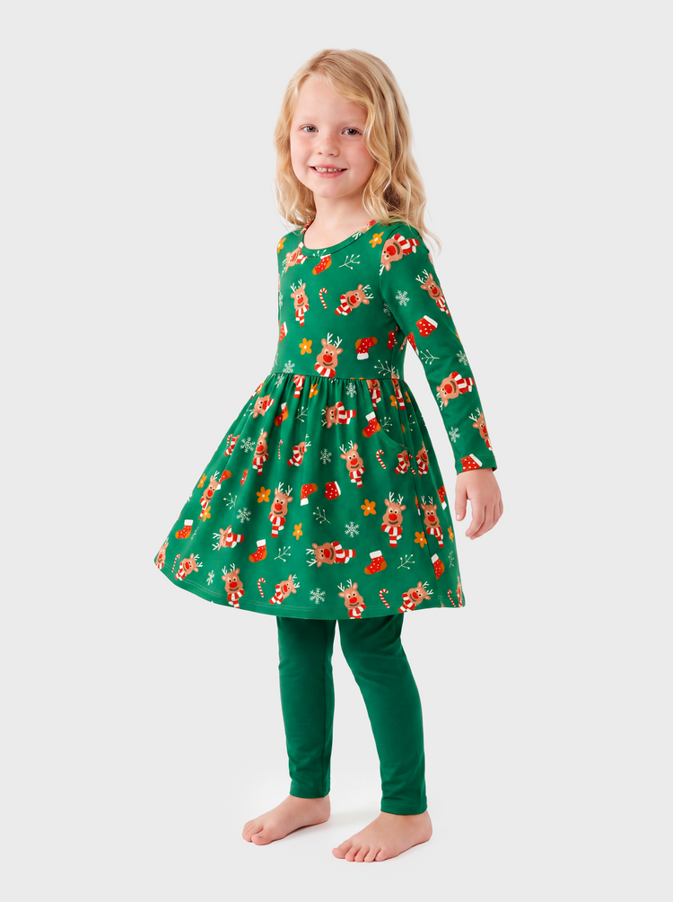 Christmas Toddler Girl Long Sleeve Dress & Leggings Set Green