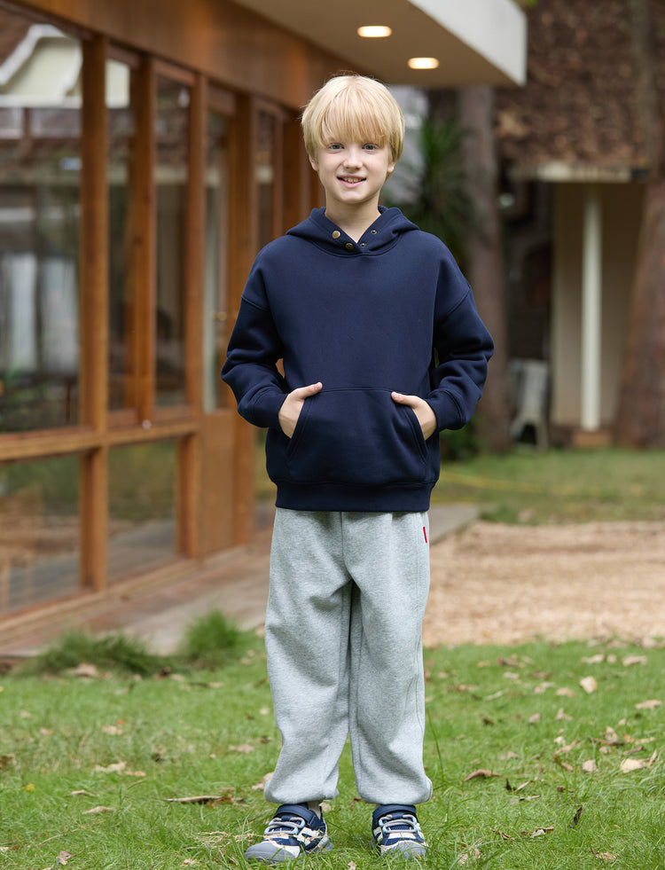 Boys and Girl Solid Color Thermal Hoodie with Far Infrared Heat-Retaining Fabric Dark Blue
