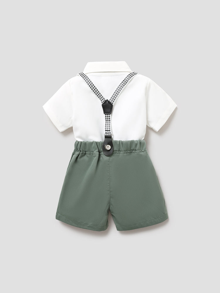 Baby Boy Party Gentle Bow Tie Shirt and Suspender Shorts Set White
