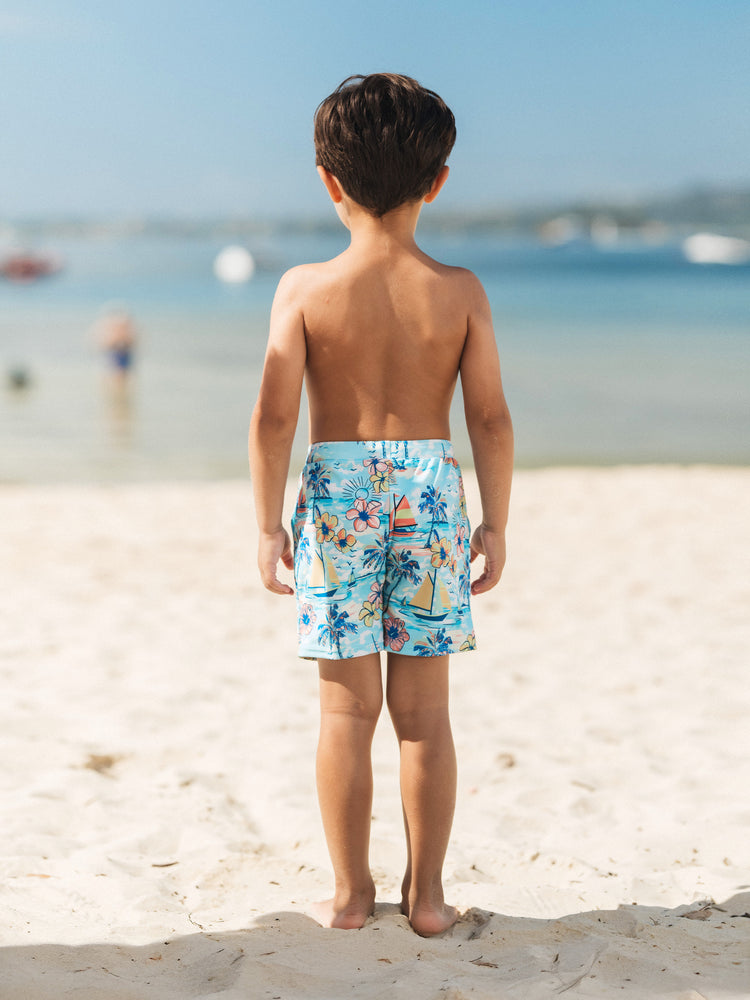 Family Matching Swimwear Tropical Print, Mommy Tie-front Cutout One-piece Swimsuit, Girl two-piece Swimsuit Daddy & Son Swim Trunks Set for Summer Beach Vacation Light Blue