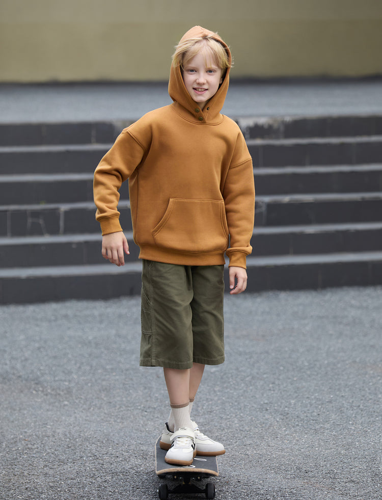 Boys and Girl Solid Color Thermal Hoodie with Far Infrared Heat-Retaining Fabric Brown