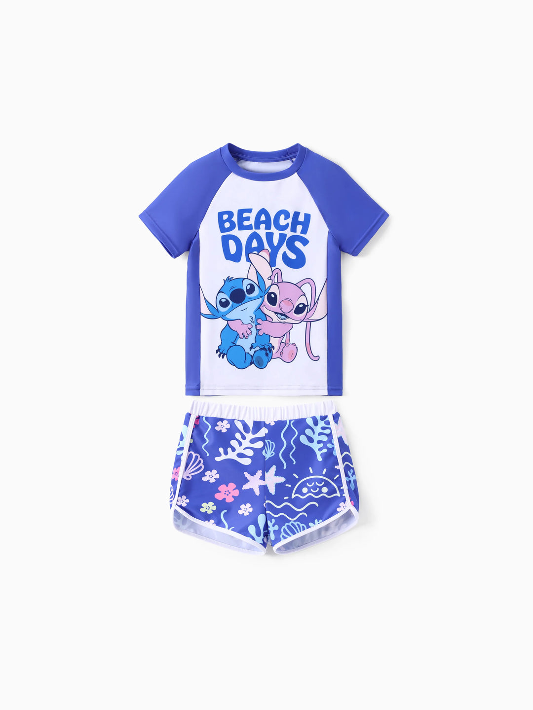 Disney Stitch Kid Girl 2pcs Character Tropical Floral Colorblock Print Short-sleeve Tops and Trunks UPF 50+ Swimsuit Set Purple