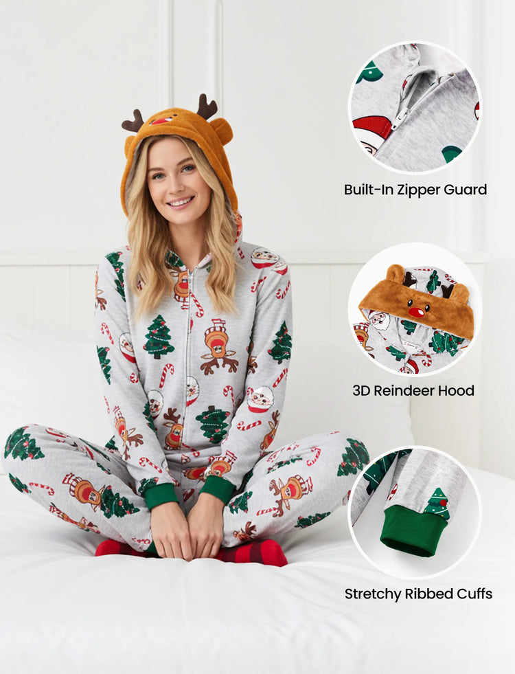 Grey Christmas Pajamas 3D Reindeer Pattern Zipper Onesies Matching Family Outfits Light Grey