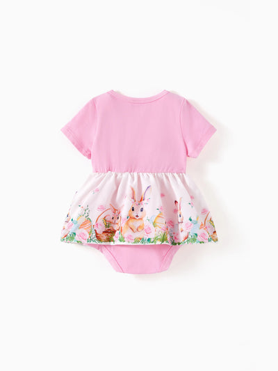 Baby Girl Childlike Animal Print Embroidered Romper Pink