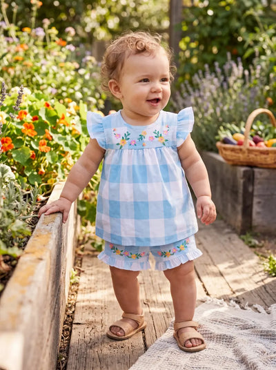 Fresh Market Baby Girl Gingham Floral Top & Shorts Set Light Blue