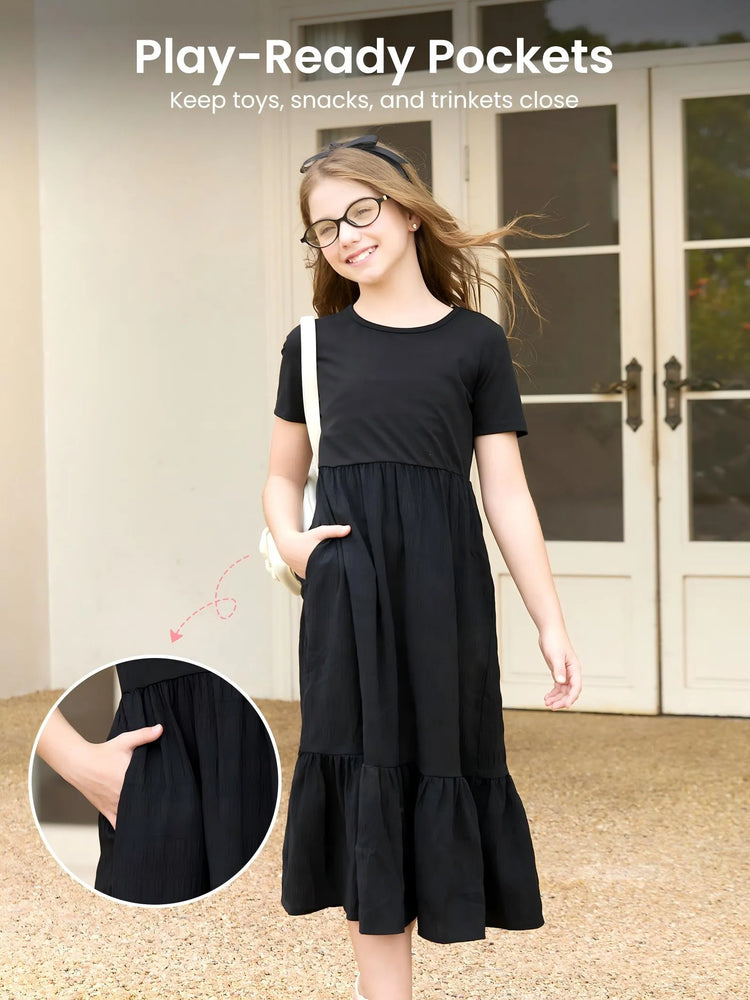 Robe longue décontractée à volants style bohème pour fille avec poches, noire