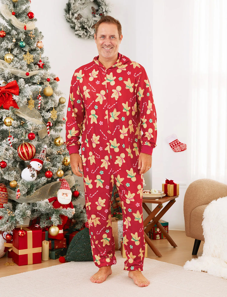 Christmas Family Matching Pajamas Sets Gingerbread Man Pattern Onesies Red-2