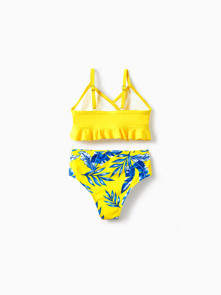 Maillot de bain assorti à imprimé feuilles jaunes ou bikini à manches flottantes froncées avec cache-maillot jaune en option