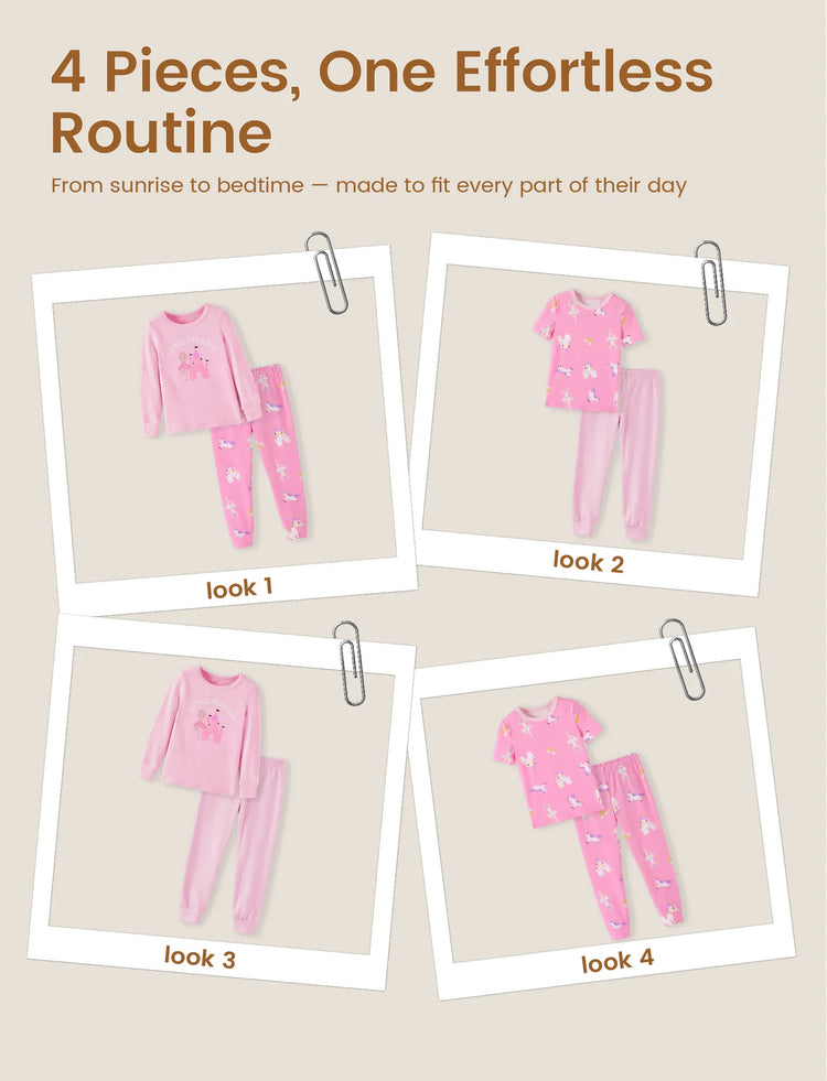 Kleinkind / Kinder 4-teiliger Pyjama aus Bio-Baumwolle 4-in-1 eng anliegendes Pajama-Set für Mädchen rosa
