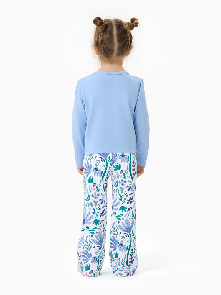 Ensemble 2 pièces Disney La Reine des Neiges pour fille, haut à manches longues et pantalon évasé à imprimé floral, en coton, à ourlet chic, Elsa, bleu