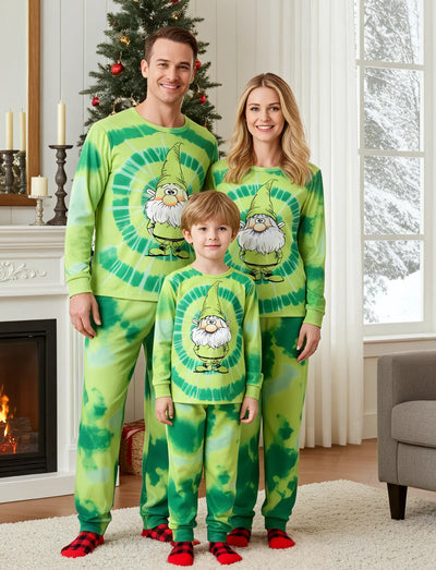 Christmas Matching Family Pajamas Set Cute ELF Print Gradient Tie-Dye Long-sleeve PJS with Christmas Socks Green